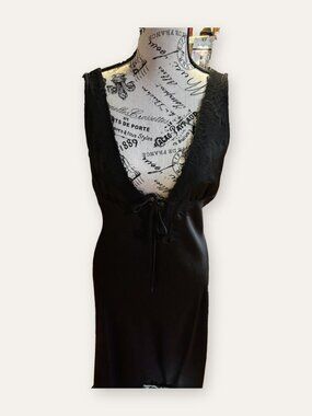 Thirty/Thirty Black Satin Maxi Slip Dress Lace Trim Deep V Tie Front (L)